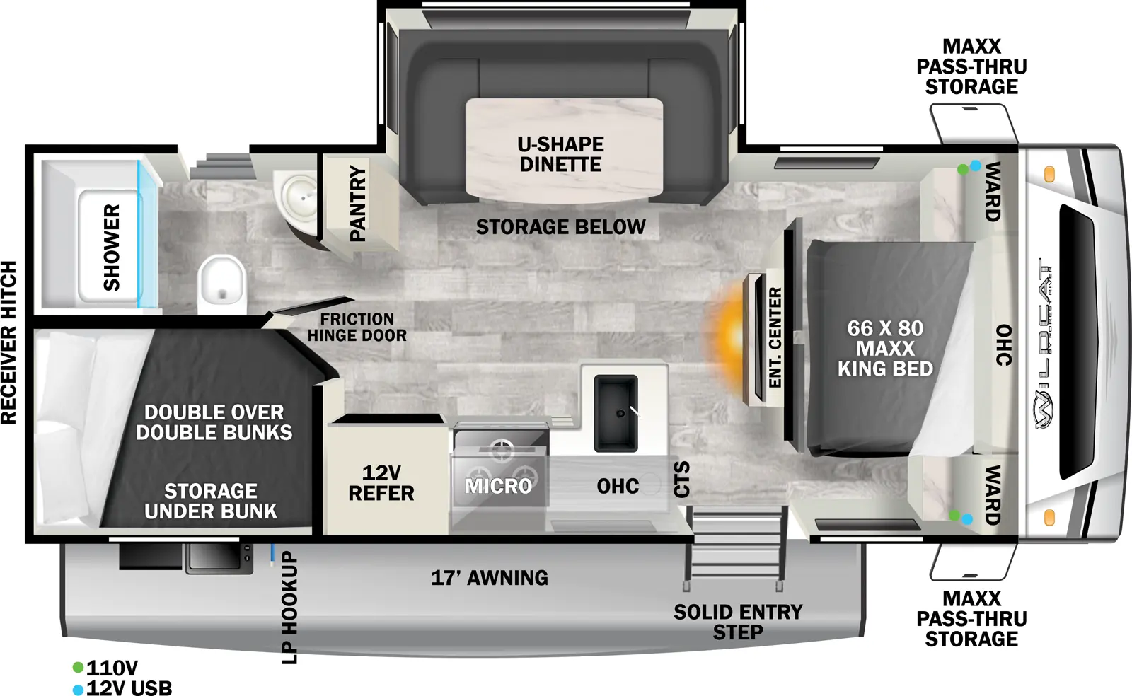 The Wildcat Travel Trailers 244DBX - ONE floorplan has one entry and one slide out. Exterior features include: fiberglass exterior and 17' awning. Interiors features include: bunk beds, u-dinette and front bedroom.